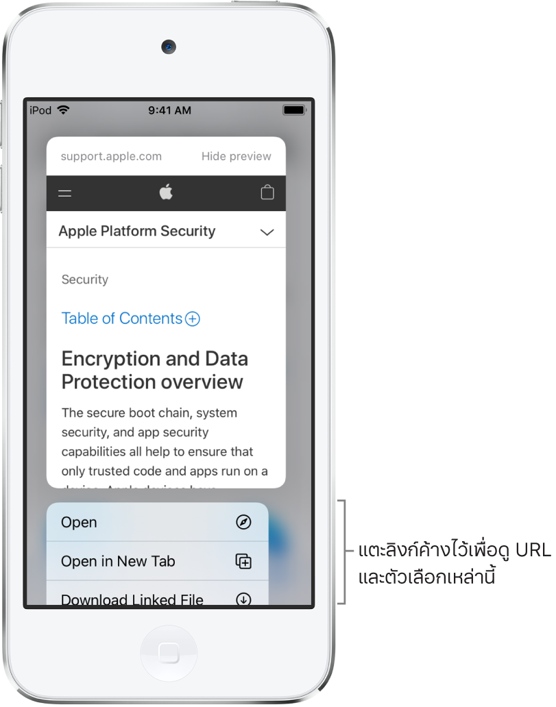โอเวอร์เลย์ที่แสดงตัวอย่าง URL ปลายทาง ตามด้วยรายการการทำงานที่เลือกได้: เปิด เพิ่มไปยังรายการอ่าน เพิ่มไปยังรูปภาพ คัดลอก และ แชร์