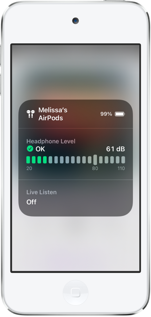 Ekranı kaplayan bir kart. Kartta bir AirPods çifti için kulaklık düzeyi grafiği gösteriliyor. Grafik 61 desibeli gösteriyor ve İyi olarak etiketlenmiş. Grafiğin alt tarafında Canlı Dinleme kapalı olarak gösteriliyor.