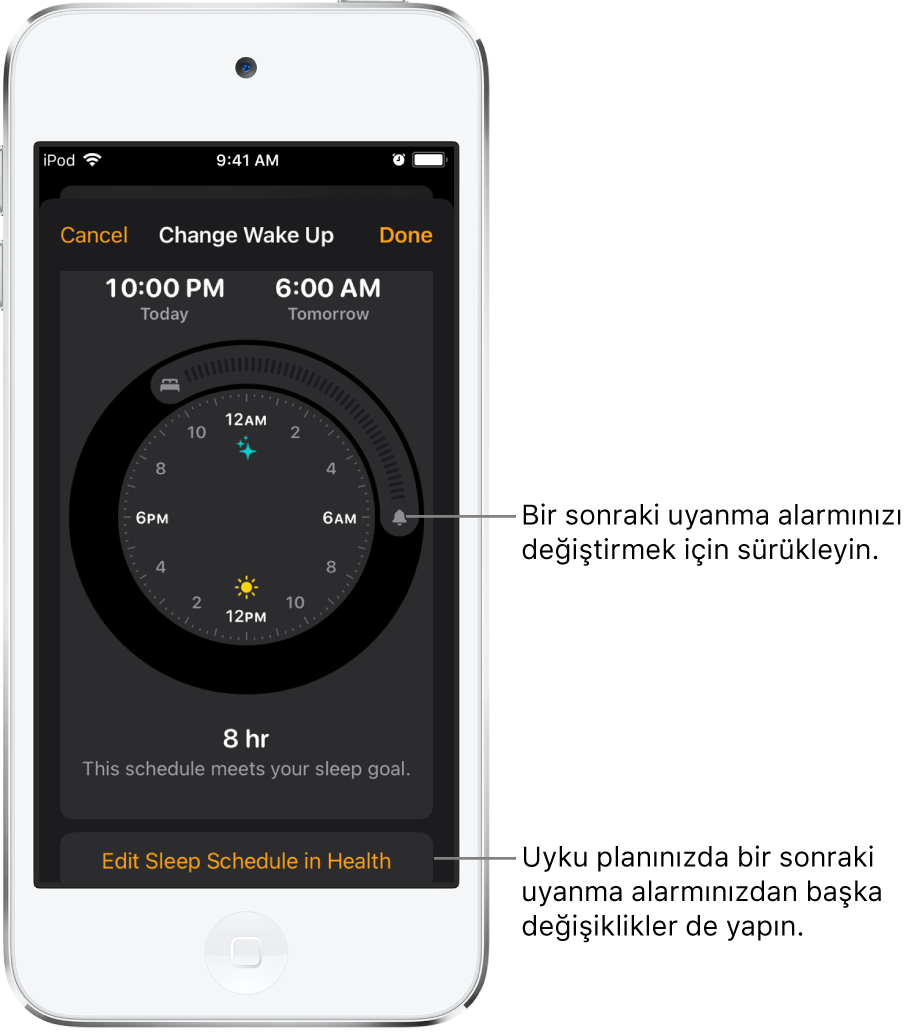 Yatma zamanını ve uyanma zamanını değiştirmek için sürükleme düğmeleri ve Sağlık uygulamasında uyku planını değiştirme düğmesi ile yarının uyanma alarmını değiştirme ekranı.