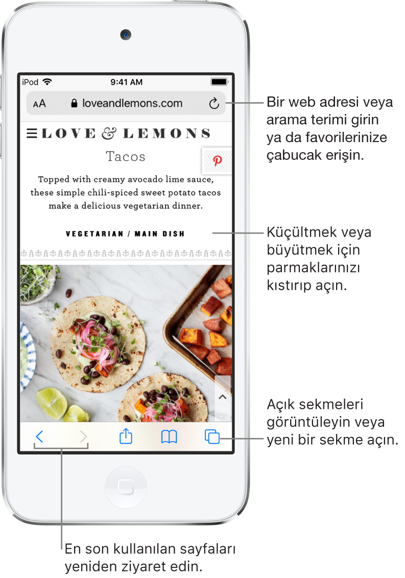 Üst kısımda adres alanı ile birlikte Safari’de açık bir web sitesi. Alt tarafta soldan sağa doğru Geri, İleri, Paylaş, Yer imleri ve Sekme düğmeleri bulunuyor.