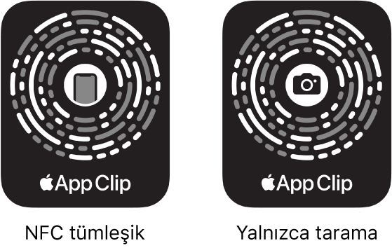 Sol tarafta, ortada bir iPhone simgesiyle NFC tümleşik bir uygulama parçacığı kodu. Sağ tarafta, ortada bir kamera simgesiyle yalnızca tarama için bir uygulama parçacığı kodu.