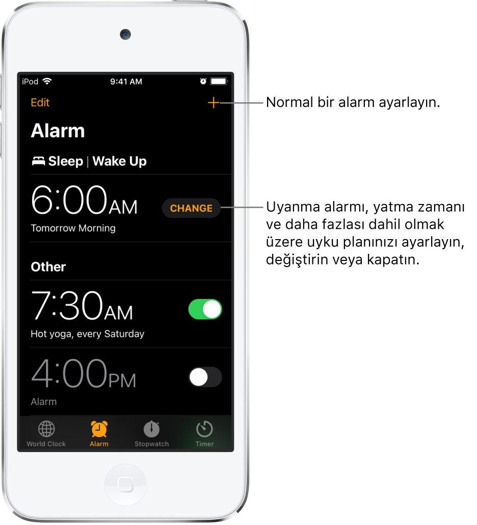 Çeşitli saatlere kurulmuş üç alarmı, sağ üstte normal bir alarm kurma düğmesini ve Sağlık uygulamasında uyku planını değiştirme düğmesiyle Uyanma alarmını gösteren Alarm sekmesi.