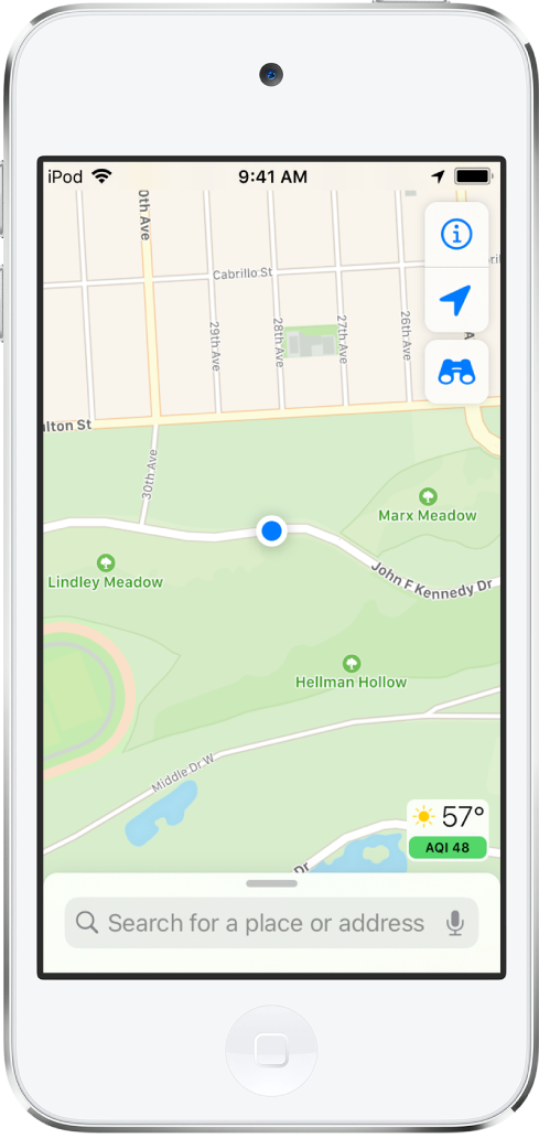 Một bản đồ đang hiển thị vị trí hiện tại ở bên trong một công viên thành phố.