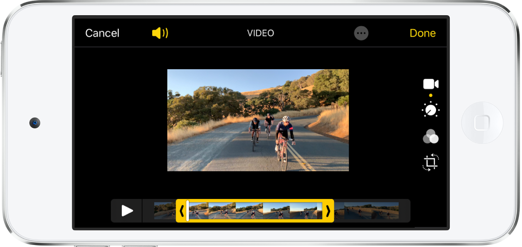 Video có trình xem khung hình ở phía dưới cùng. Các nút Hủy và Phát nằm ở phía dưới bên trái và nút Xong ở phía dưới bên phải.