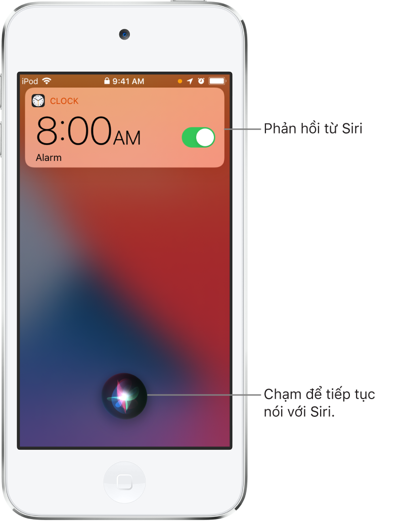 Siri trên Màn hình khóa. Một thông báo từ ứng dụng Đồng hồ hiển thị rằng báo thức đã được đặt lúc 8:00 sáng. Một nút ở chính giữa cuối màn hình được sử dụng để tiếp tục nói với Siri.