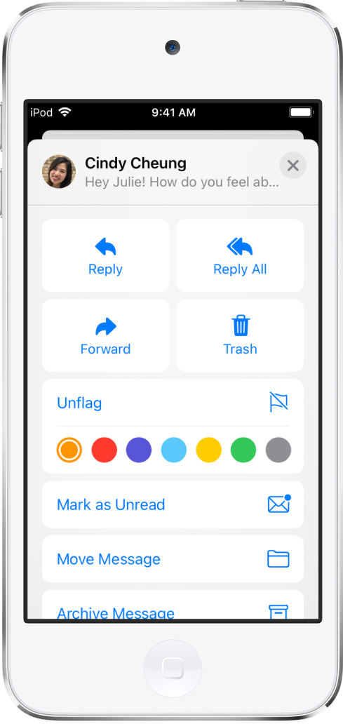 Một email đang hiển thị các tùy chọn trả lời ở bên dưới. Bên dưới những tùy chọn này là các lựa chọn màu cho cờ.