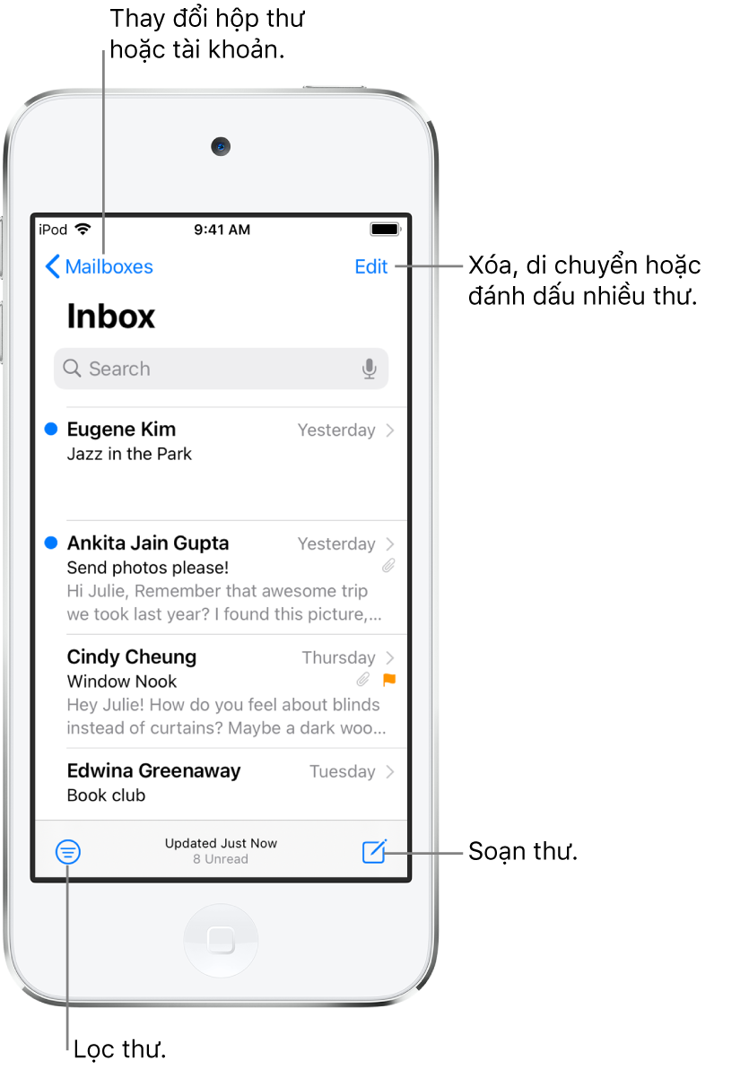 Hộp thư đến, đang hiển thị danh sách các email. Nút Hộp thư để chuyển đổi sang một hộp thư khác nằm ở góc trên cùng bên trái. Nút Sửa để xóa, di chuyển hoặc đánh dấu các email nằm ở góc trên cùng bên phải. Nút để lọc các email để chỉ hiển thị những loại email nhất định nằm ở góc dưới cùng bên trái. Nút soạn email mới nằm ở góc dưới cùng bên phải.