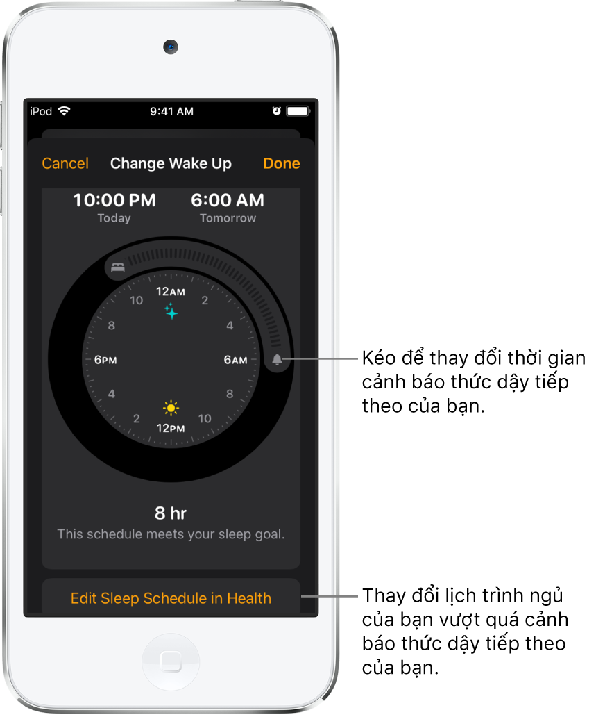 Một màn hình để thay đổi cảnh báo thức dậy của ngày mai, với các nút để kéo để thay đổi giờ đi ngủ và giờ thức dậy và một nút để thay đổi lịch trình ngủ trong ứng dụng Sức khỏe.