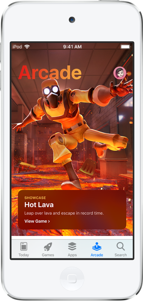 Màn hình Arcade của App Store đang hiển thị một trò chơi nổi bật. Ảnh hồ sơ mà bạn chạm vào để xem các mục mua và quản lý các đăng ký, nằm ở trên cùng bên phải. Ở cạnh dưới, từ trái sang phải, là các tab Hôm nay, Trò chơi, App, Arcade và Tìm kiếm.