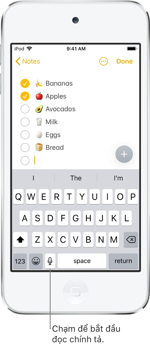 Bàn phím ảo đang hiển thị phím Đọc chính tả ở bên trái thanh Dấu cách.