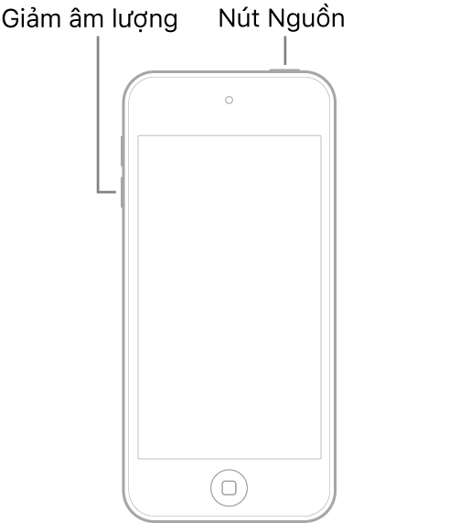 Hình minh họa của iPod touch có màn hình hướng lên trên. Nút Nguồn được hiển thị ở cạnh trên của thiết bị và nút giảm âm lượng được hiển thị ở bên trái của thiết bị.