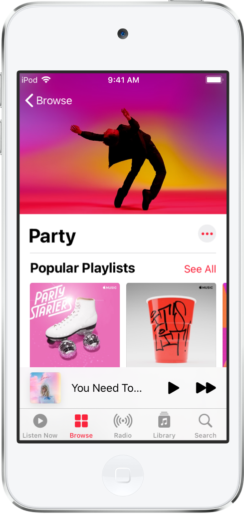 Apple Music 的“浏览”屏幕，显示派对播放列表。