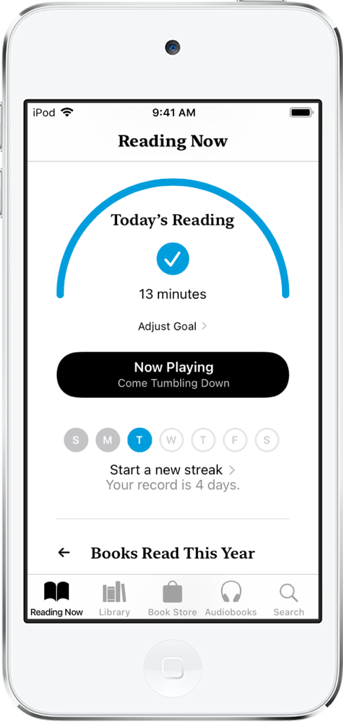 「閲讀目標」區域位於「閲讀中」。閲讀計時器顯示已完成 10 分鐘目標中的 6 分鐘。計時器下方是「繼續閲讀」按鈕，圓圈顯示一星期中的日子，從星期日到星期六。星期二圓圈所包含的藍色外框顯示當天進度。