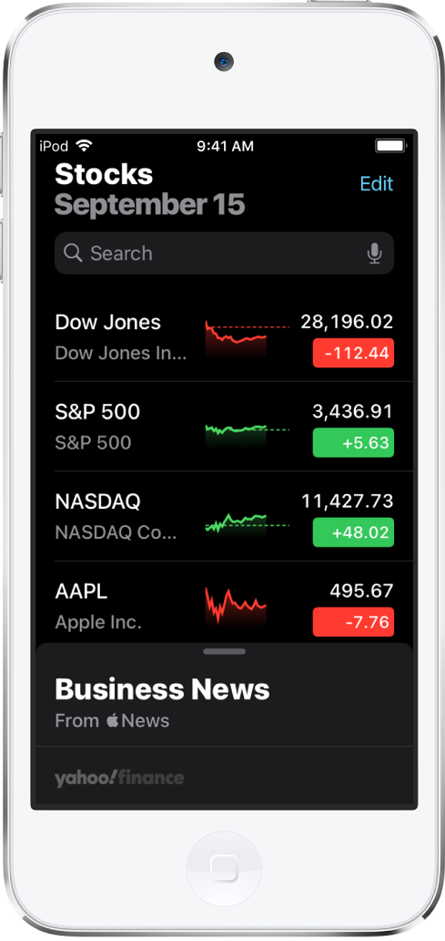 監察表顯示不同股票的列表。每一個顯示在列表的股票，由左到右，是股票代號和名稱、表現圖表及價格變化。螢幕最上方，在監察表上方的是搜尋欄位。監察表下方是「財經新聞」。在「財經新聞」向上掃來顯示報道。