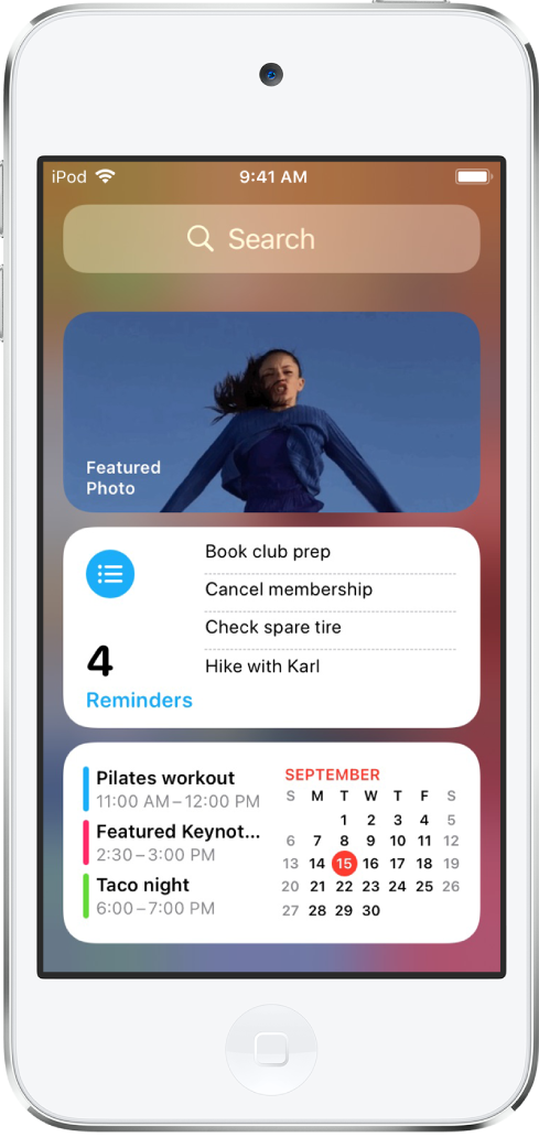 iPod touch 上的「今日摘要」小工具，包括「相片」、「提醒事項」和「日曆」小工具。