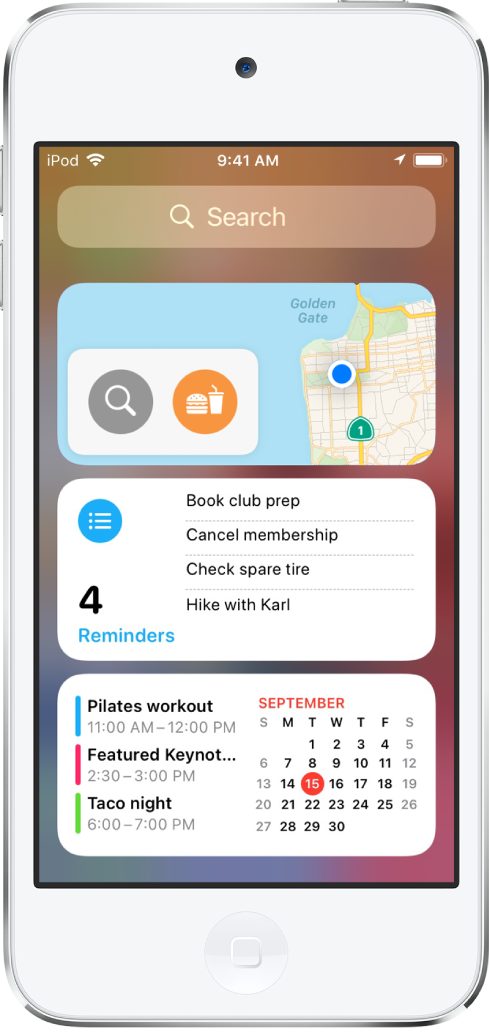 iPhone 螢幕上的「地圖」小工具和其他兩個小工具。