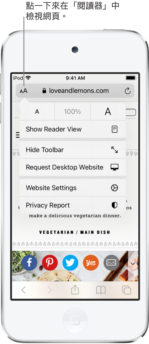 Safari 中的網址欄位，左側帶有「閱讀器」按鈕。