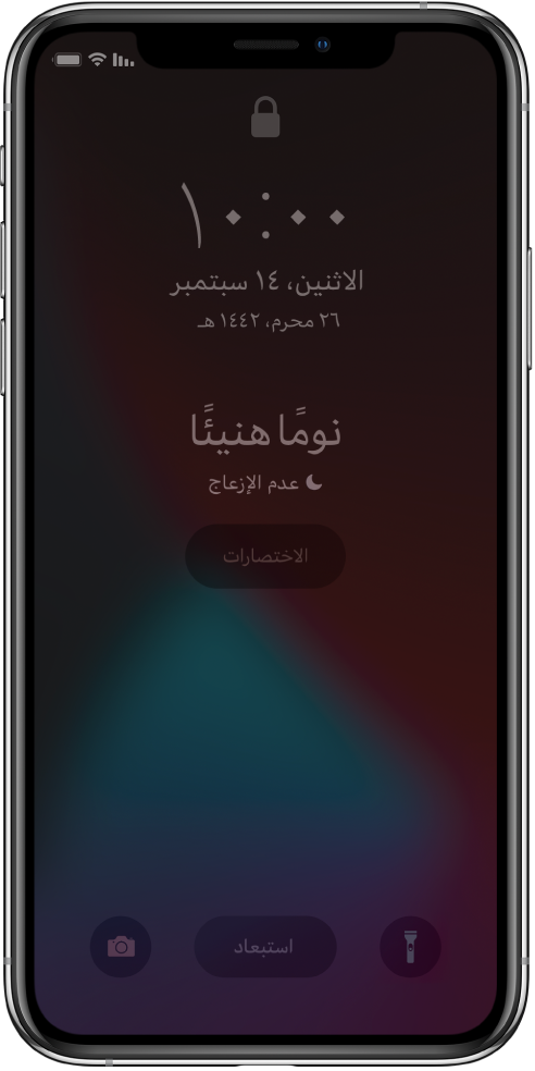 شاشة الـ iPhone تعرض "نومًا هنيئًا" و"عدم الإزعاج قيد التشغيل" في المنتصف. أسفل ذلك يوجد زر الاختصارات. في أسفل الشاشة، من اليمين إلى اليسار، تظهر أزرار مصباح يدوي واستبعاد والكاميرا.