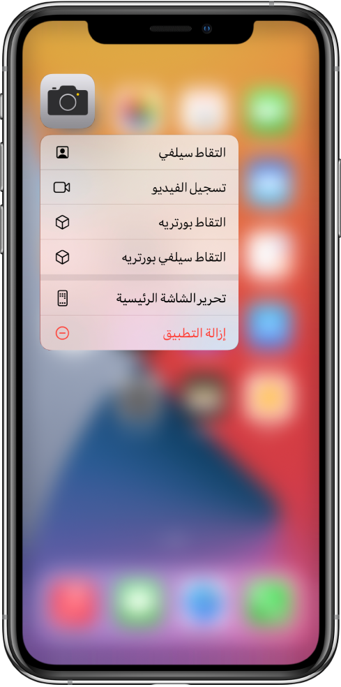 الشاشة الرئيسية باهتة، وتظهر عليها قائمة الإجراءات السريعة للكاميرا أسفل تطبيق الكاميرا.