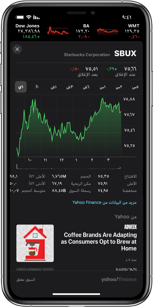 في منتصف الشاشة، يوجد مخطط يعرض أداء السهم على مدار يوم واحد. أعلى المخطط توجد أزرار لعرض أداء السهم في يوم واحد أو أسبوع واحد أو شهر واحد أو ثلاثة أشهر أو ستة أشهر أو سنة واحدة أو سنتين أو خمس سنوات. توجد أسفل المخطط تفاصيل السهم مثل السعر الافتتاحي والقيمة المرتفعة والقيمة المنخفضة وقيمة السوق. أسفل المخطط توجد مقالات من Apple News ذات صلة بالسهم.