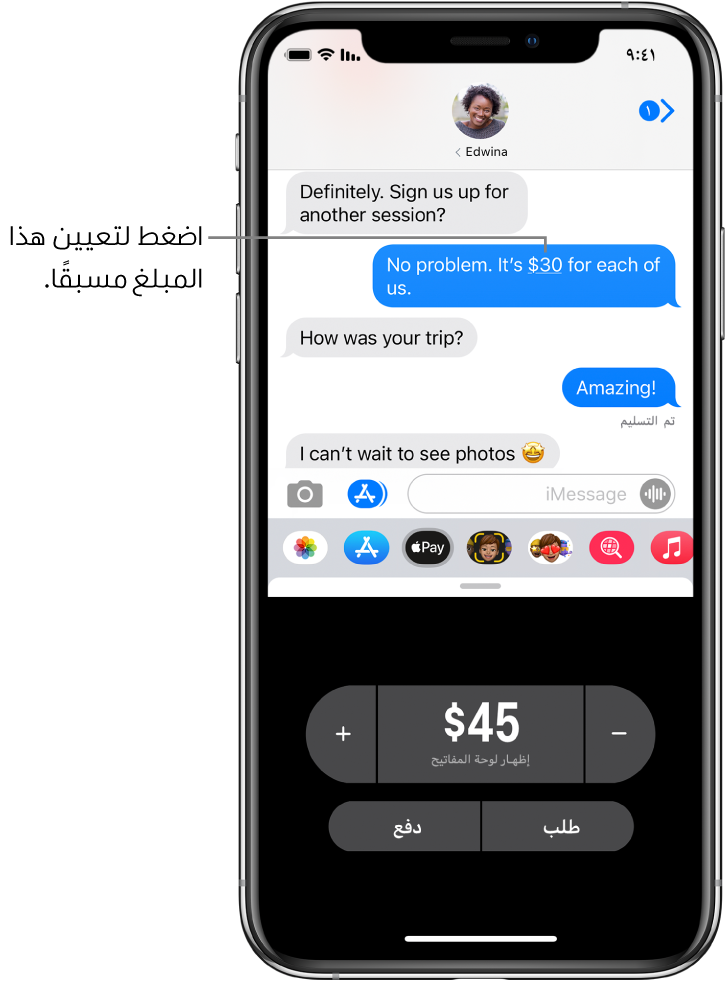 محادثة iMessage ويظهر بها تطبيق Apple Pay مفتوحًا في الجزء السفلي.