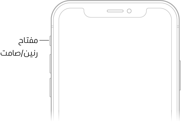 الجزء العلوي لواجهة الـ iPhone مع وسيلة شرح تشير إلى مفتاح رنين/صامت.