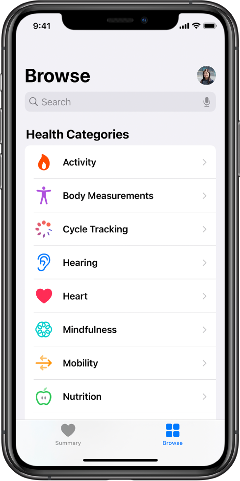 Екранът Health Categories (Здравни категории) в приложението Health (Здраве).