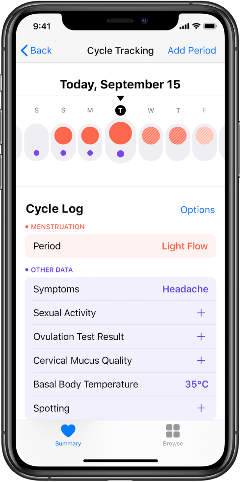 Екранът Cycle Tracking (Следене на цикъла) в приложението Health (Здраве).