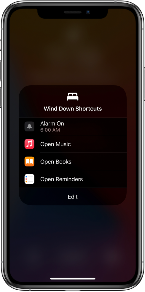 Екран Wind Down Shortcuts (Бързи клавиши за разпускане) с бързи клавиши за отваряне на Music (Музика), Books (Книги) и Reminders (Напомняния).