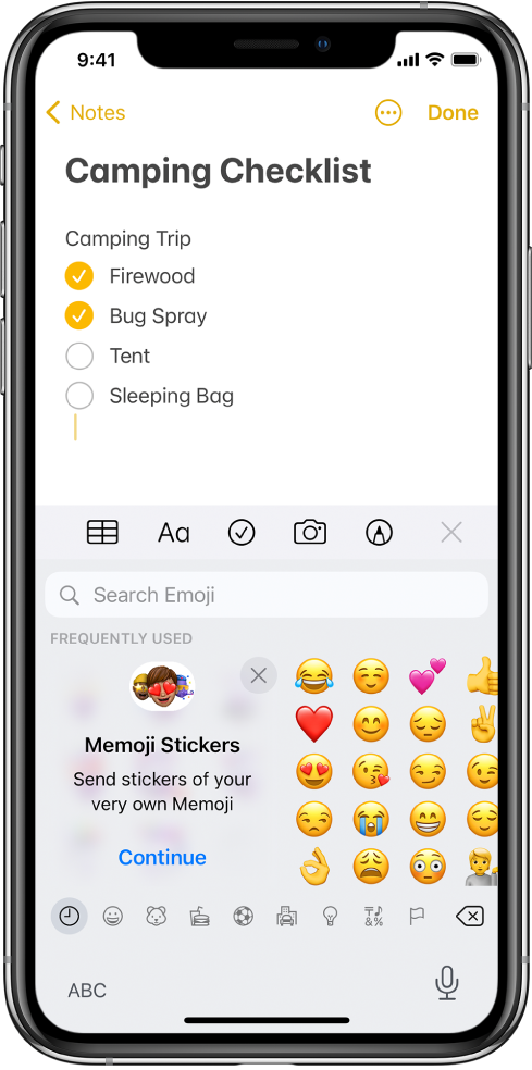 Бележка в приложението Notes (Бележки), която се редактира с отворена клавиатурата Emoji и поле за търсене на емотикони в горната част на клавиатурата