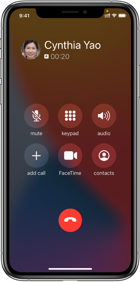Екрана на iPhone, показващ бутоните за опциите по време на разговор. В горния ред, отляво надясно са бутоните за изключване на звука, клавиатура и високоговорител. В долния ред, отляво надясно са бутоните за добавяне на разговор, FaceTime и контакти.
