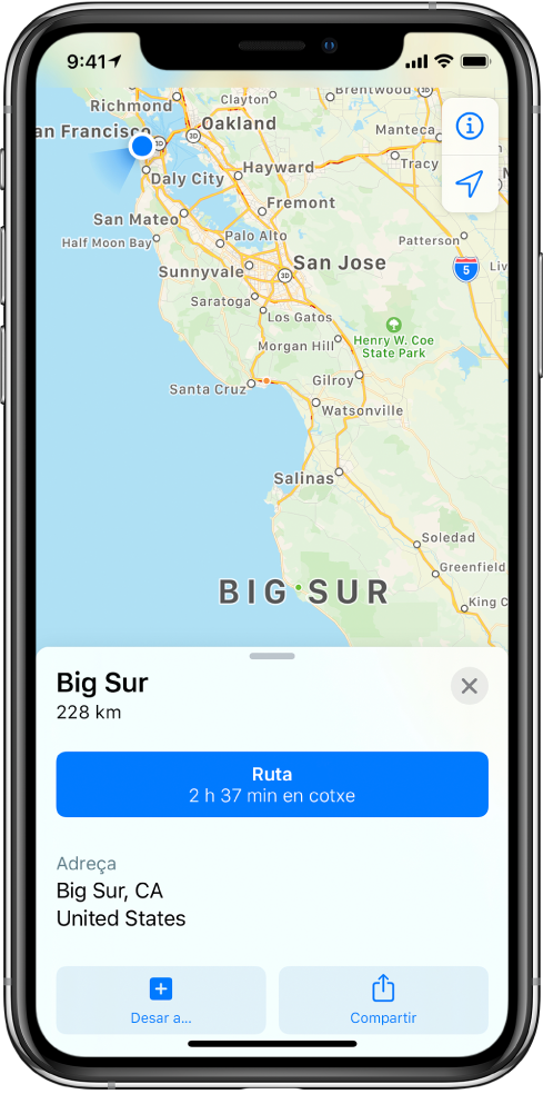 Mapa amb la targeta d’informació de Big Sur. A la targeta hi ha el botó Ruta.