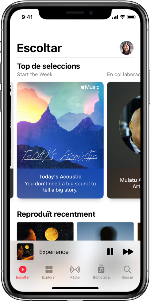 Pantalla Escoltar que mostra el botó de perfil a l’angle superior dret. A sota hi ha les llistes de reproducció “Top de seleccions”. I a sota de “Top de seleccions” es troba la secció Recents amb dos àlbums.