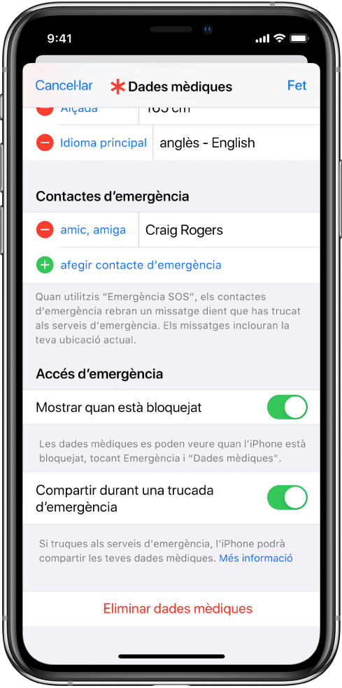 Pantalla amb les dades mèdiques. A la part inferior hi ha les opcions per mostrar la informació de les teves dades mèdiques quan la pantalla de l’iPhone està bloquejada i quan fas una trucada d’emergència.