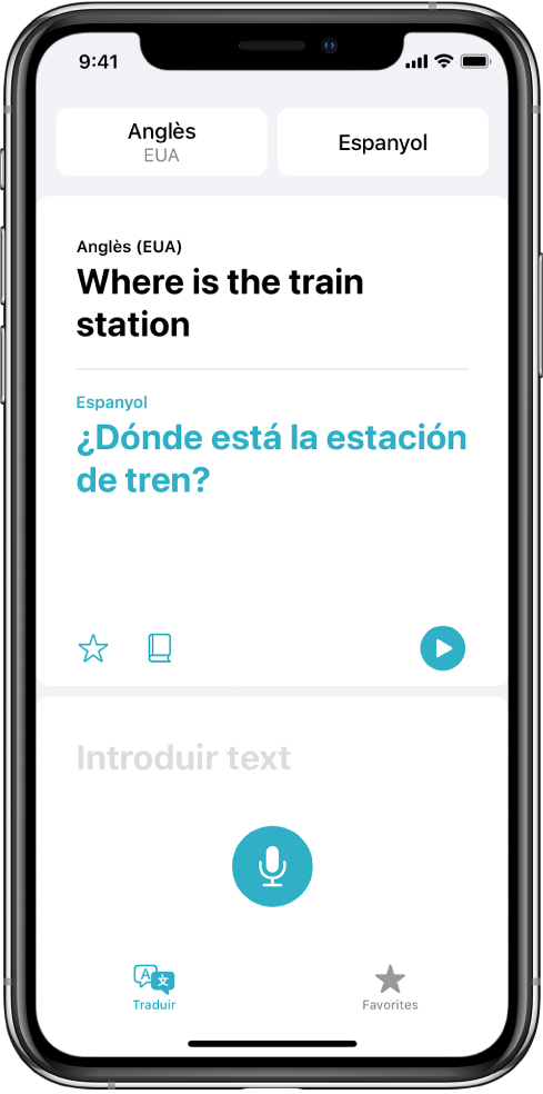 Pestanya Traduir que mostra dos selectors d’idiomes (anglès i castellà) a la part superior, una traducció al centre i el camp “Introduir text” a prop de la part inferior.