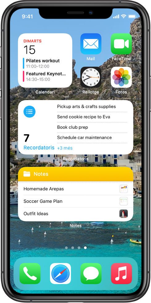 Pantalla d’inici que mostra apps de productivitat i widgets, inclosos Calendari, Recordatoris i Notes.