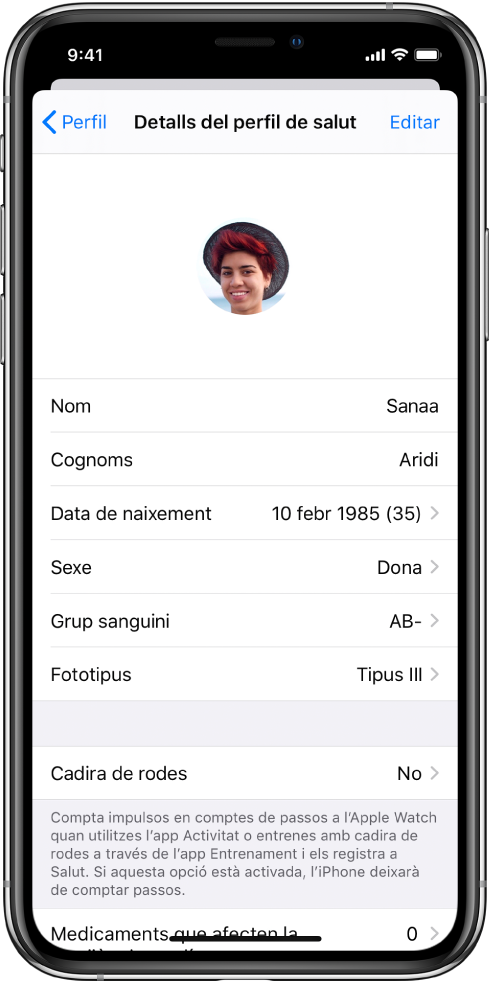 Pantalla “Detalls del perfil de salut” d’una dona de 35 anys.