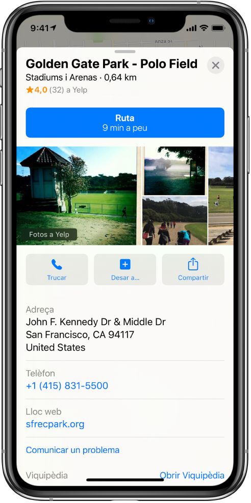 Targeta de cerca d’un parc. Apareix el botó Ruta a prop de la part superior de la targeta. A sota del botó Ruta es mostren fotos del parc. A sota de les fotos, d’esquerra a dreta, hi ha els botons Trucar, “Desar a” i Compartir. A la part inferior apareix informació addicional, com ara el carrer, un número de telèfon i l’enllaç a un lloc web.