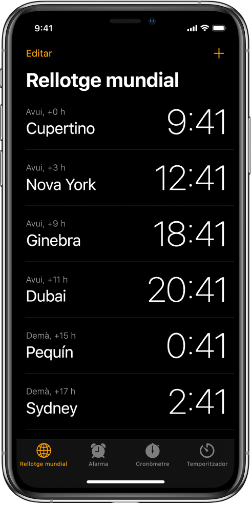 La pestanya Rellotge, que mostra l’hora de diverses ciutats. Toca Editar a l’angle superior esquerre per ordenar els rellotges. Toca el botó Afegir de la part superior dreta per afegir-ne més. Els botons “Rellotge mundial”, Alarma, “Anar a dormir”, Cronòmetre i Temporitzador són al llarg de la part inferior.