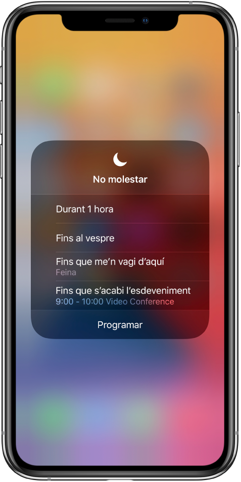 Pantalla per seleccionar el temps durant el qual vols deixar activada la funció “No molestar”. Les opcions són: “Durant 1 hora”, “Fins al vespre”, “Fins que me’n vagi d’aquí” i “Fins que s’acabi l’esdeveniment”.