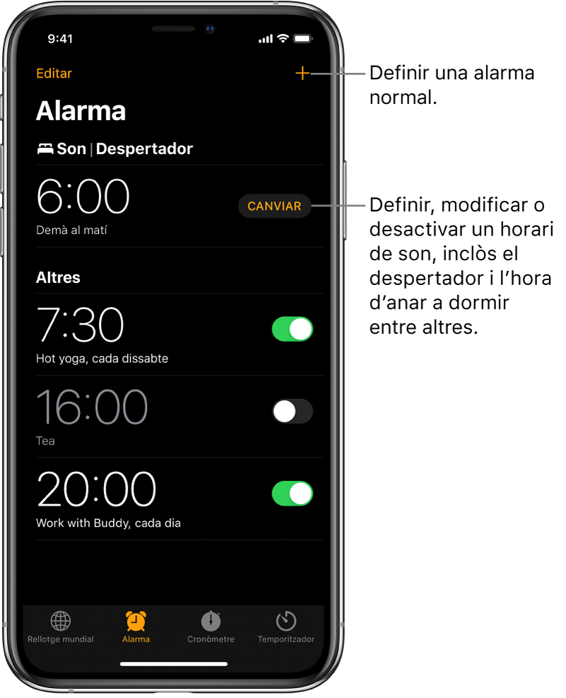 Pestanya Alarma que mostra quatre alarmes configurades per a hores diferents, el botó per configurar una alarma periòdica a la part superior dreta, i el despertador amb un botó per canviar l’horari de son a l’app Salut.