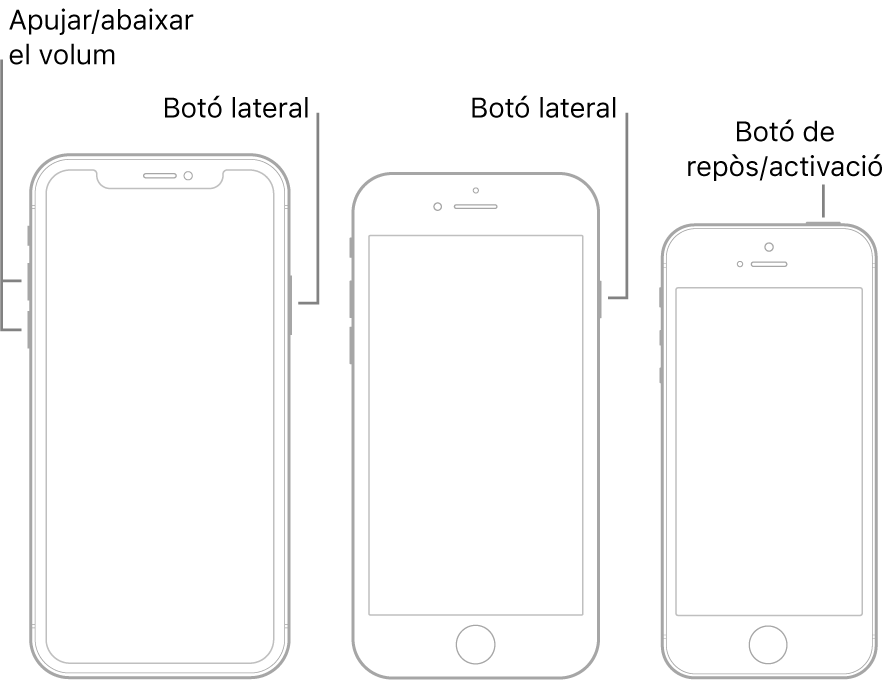 Il·lustracions de tres models d’iPhone diferents, tots amb la pantalla de cara cap amunt. La il·lustració de l’esquera mostra els botons d’apujar i abaixar el volum a l’esquerra del dispositiu. El botó lateral es troba a la dreta. La il·lustració del mig mostra el botó lateral a la dreta del dispositiu. La il·lustració de la dreta mostra el botó de repòs/activació a la part superior del dispositiu.