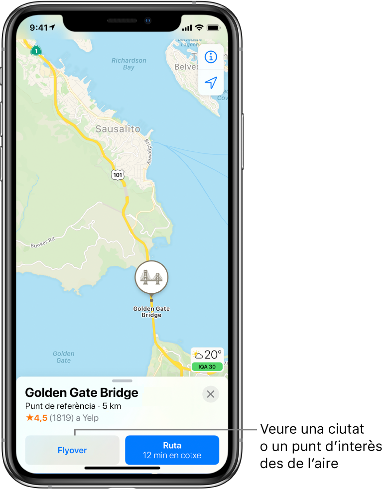 Mapa de San Francisco. A la part inferior de la pantalla, una targeta d’informació del pont Golden Gate mostra el botó Flyover a l’esquerra del botó Ruta.