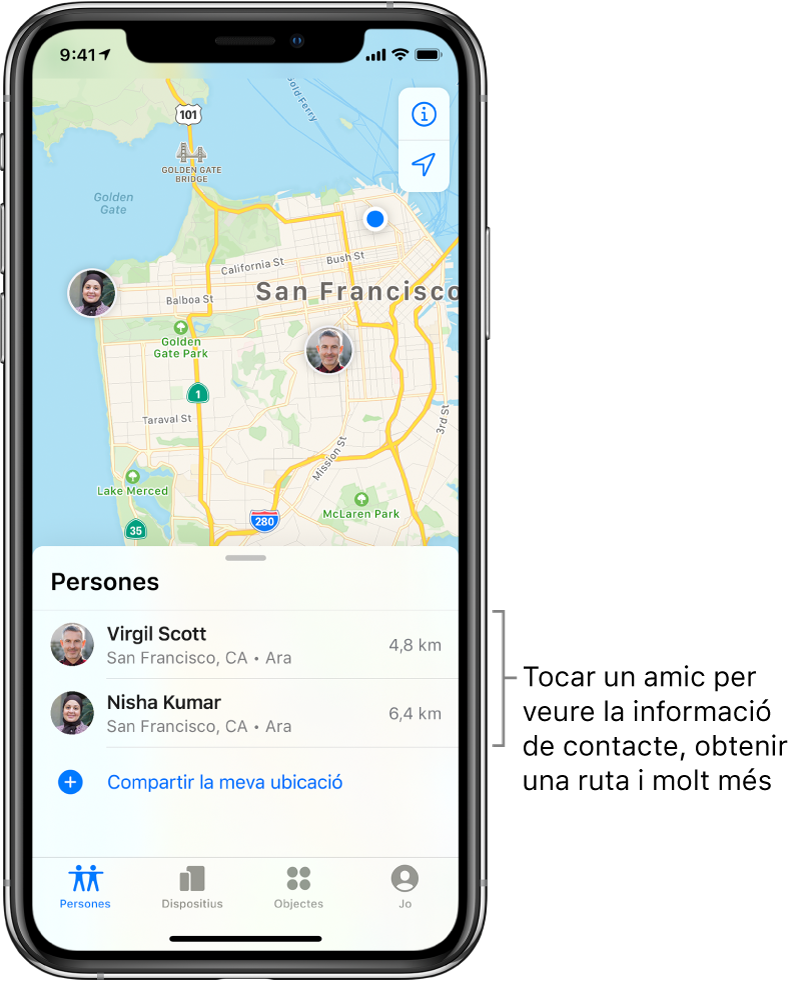 Pantalla de l’app Buscar oberta per la pestanya Persones. A la llista de persones hi ha dos amics: Virgil Scott i Nisha Kumar. Es mostren les seves ubicacions al mapa de San Francisco.