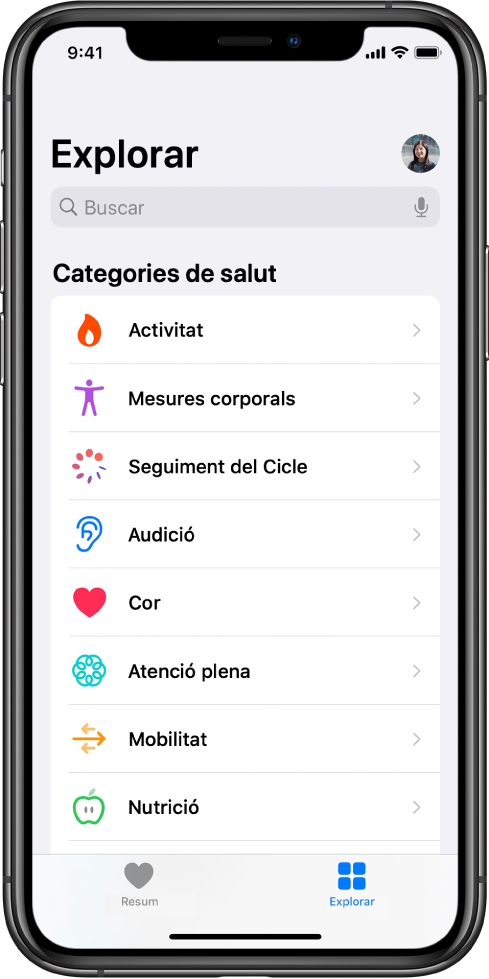 Pantalla de categories de salut de l’app Salut.