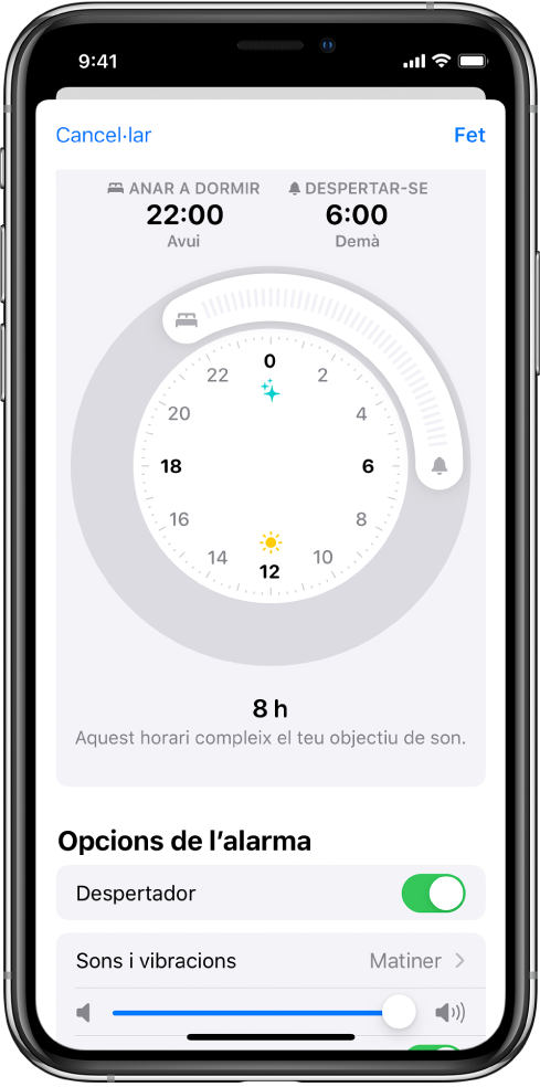 Pantalla que mostra l’hora d’anar a dormir definida a les 22:00 h d’avui i l’hora de despertar-se definida a les 6:00 h de demà. L’alarma del despertador està activada, i el so de l’alarma és Matiner.