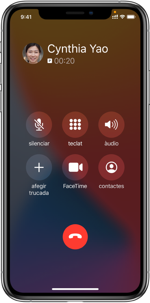 Pantalla de l’iPhone que conté els botons de les opcions disponibles durant una trucada. A la fila superior, d’esquerra a dreta, hi ha els botons de silenciar, teclat i altaveu. A la fila inferior, d’esquerra a dreta, hi ha els botons d’addició de trucada, FaceTime i Contactes.