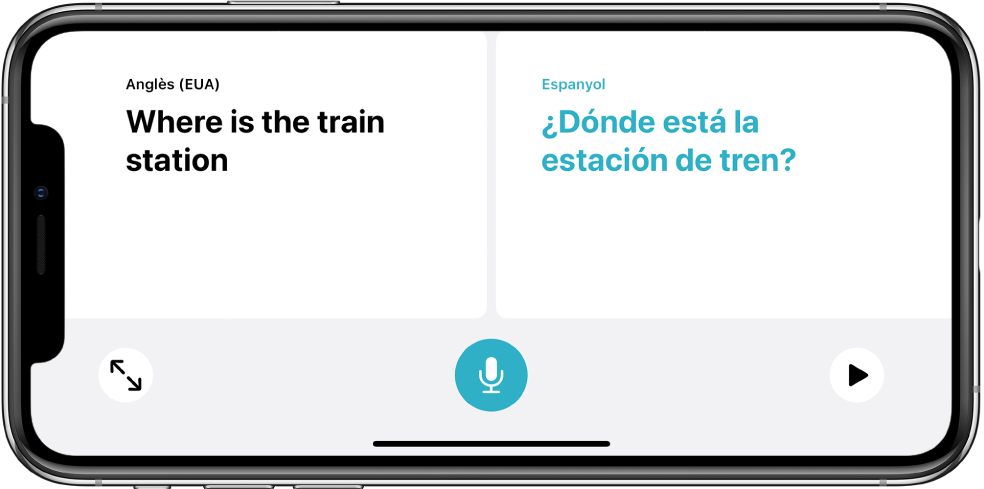 Un iPhone en orientació horitzontal que mostra una frase en anglès a l’esquerra i la traducció al castellà a la dreta.