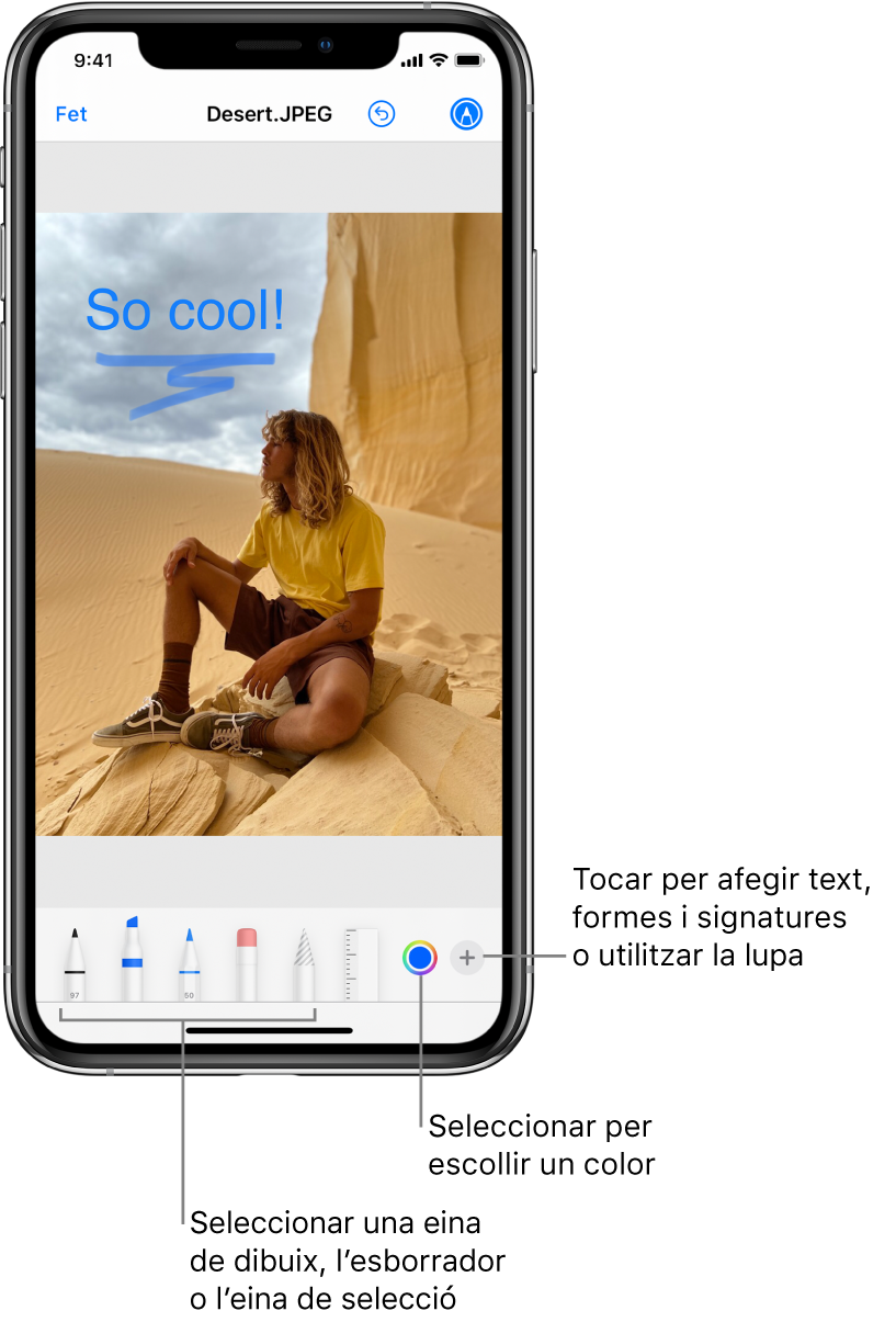 Imatge que s’està editant amb Marques. A sota de la imatge, d’esquerra a dreta, hi ha els botons per a les eines de marcatge: llapis per dibuixar, goma d’esborrar, eina de selecció, colors i botons per afegir un quadre de text, la teva signatura i formes, i per seleccionar la lupa.