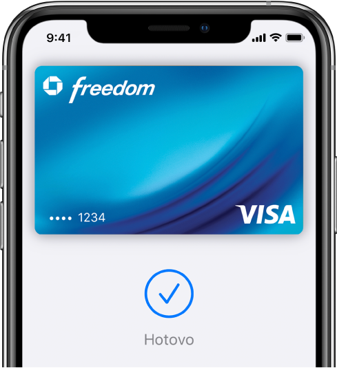 Kreditní karta na obrazovce aplikace Wallet. Pod kartou je vidět značka zaškrtnutí a slovo „Hotovo“